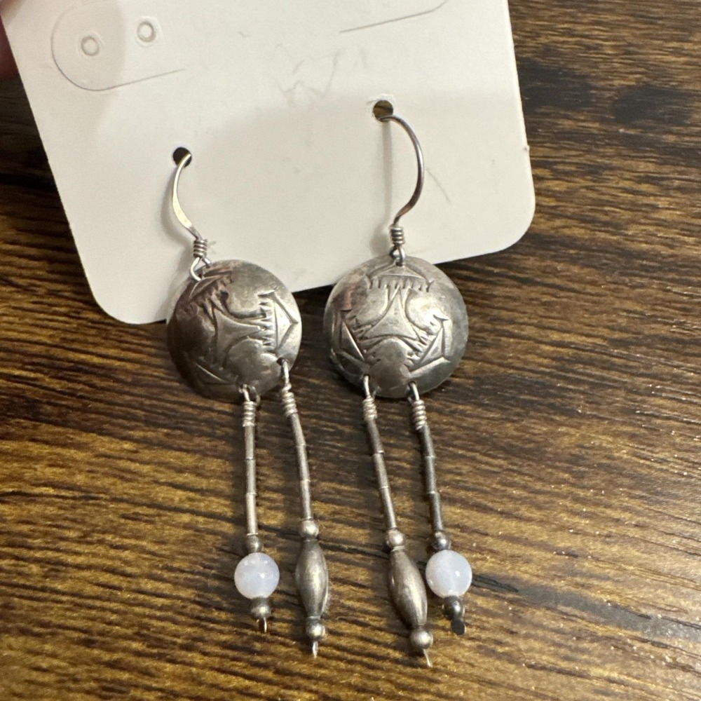 Sterling Silver Southwestern Stamped Dome Dangle Earrings White Gemstone Boho